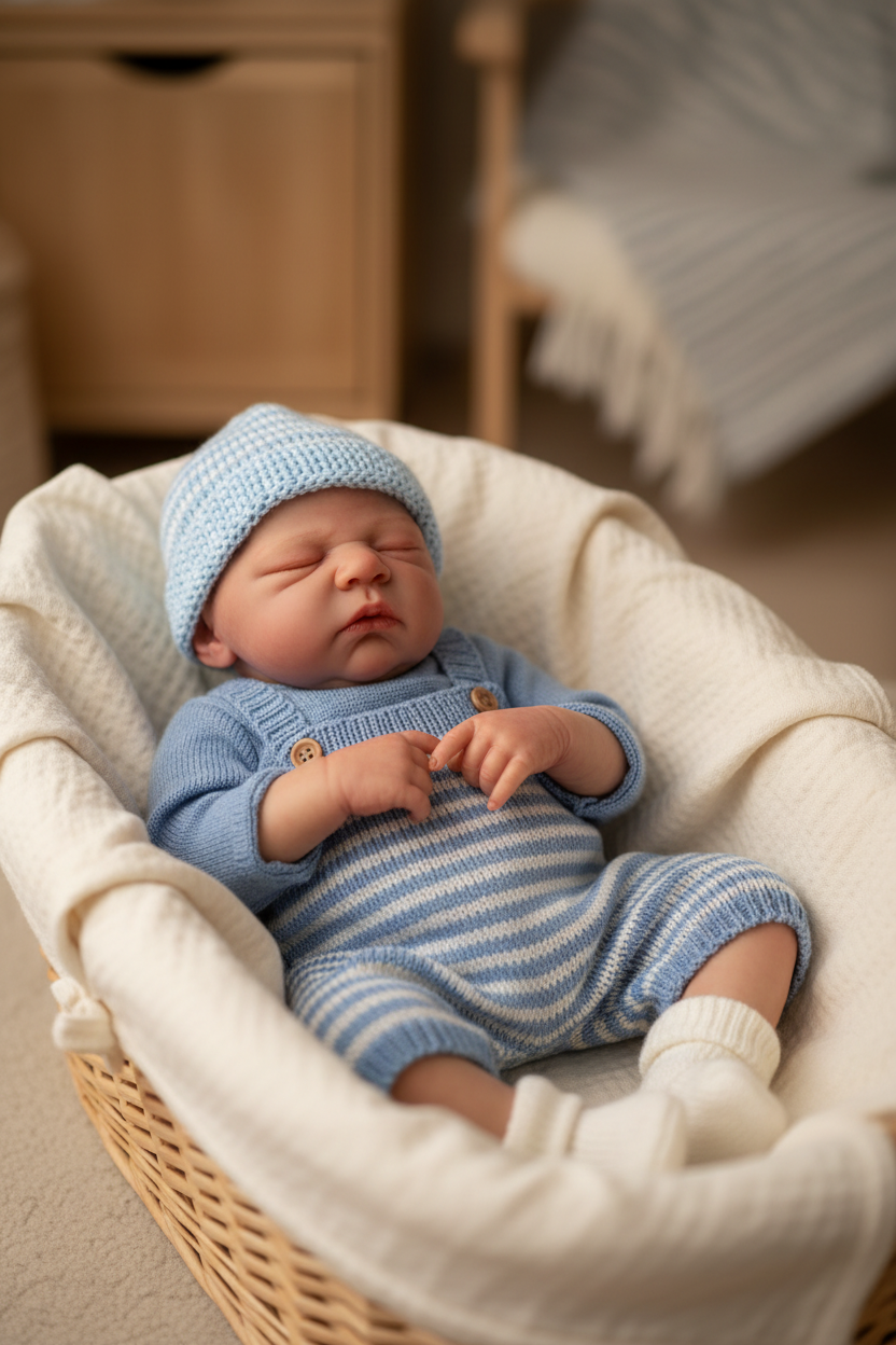 Mikky asleep in moses basket