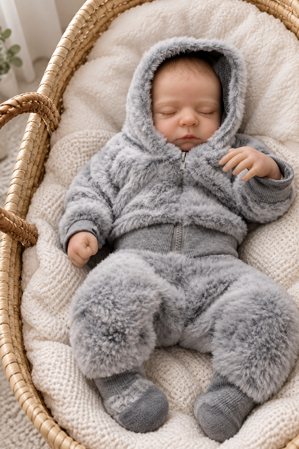 Reborn baby boy asleep in Moses basket