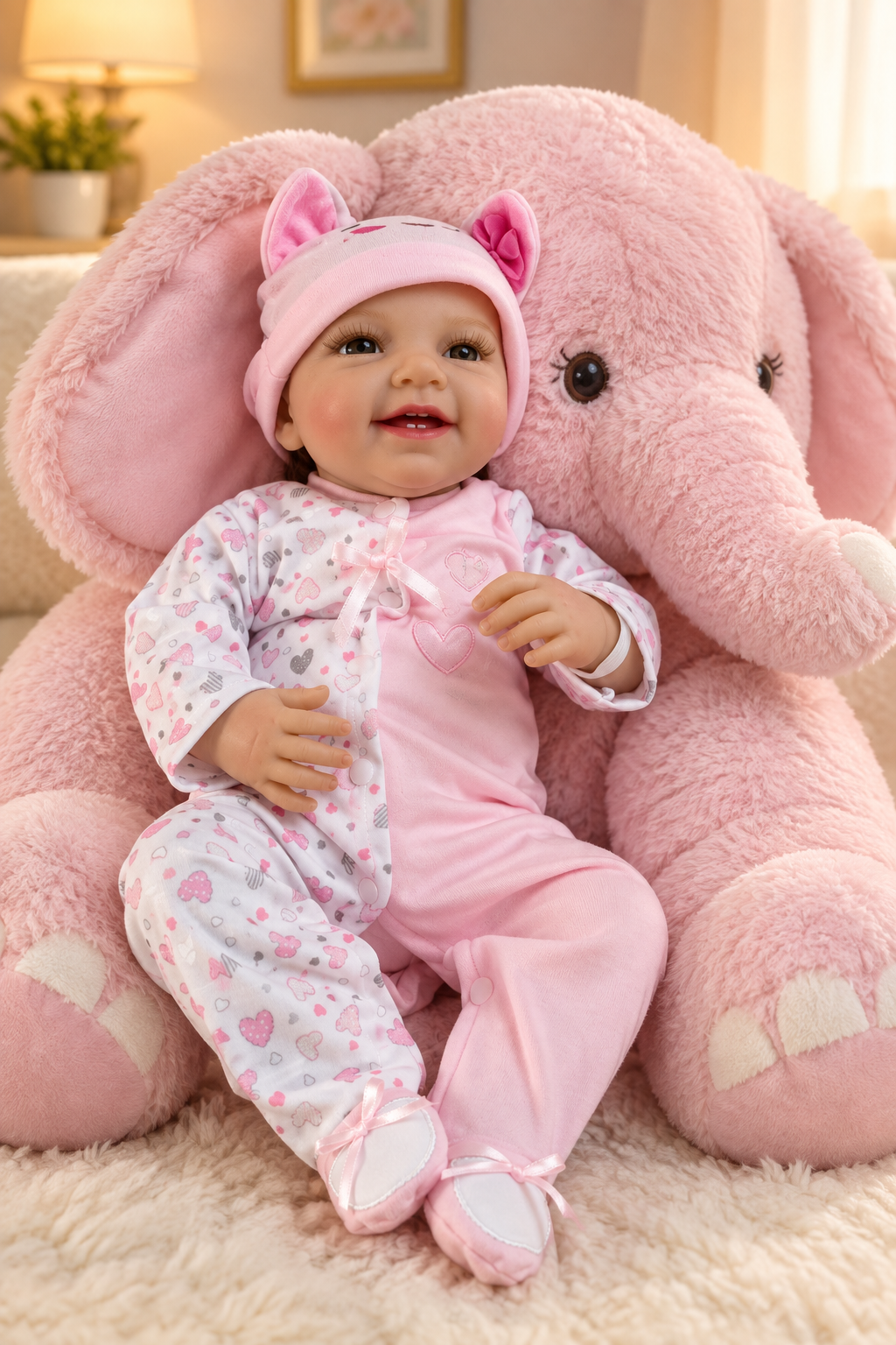 Reborn doll on pink elephant